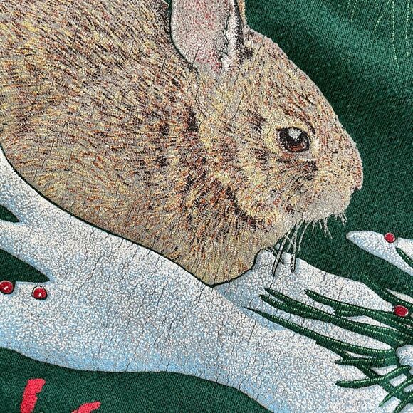 Vintage 90s Hanes Activewear Collared Sweatshirt Cardinal Bunny Snow Green Red L - Picture 6 of 10
